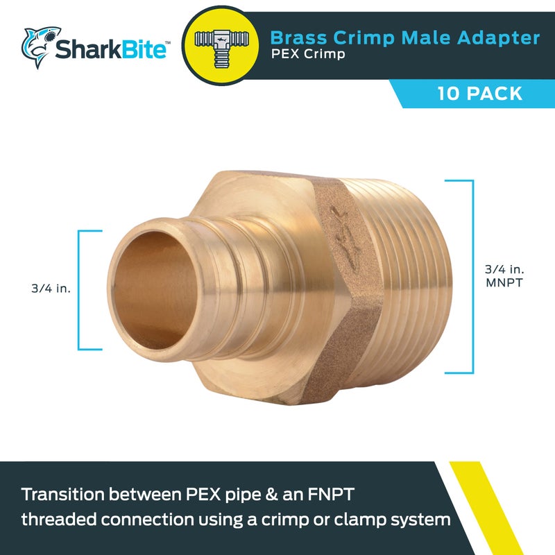 SharkBite 3/4 Inch Crimp MNPT Male Adapter, Pack of 10, Brass Plumbing Fitting, PEX Pipe, Copper, UC134LFA10 - Image 2